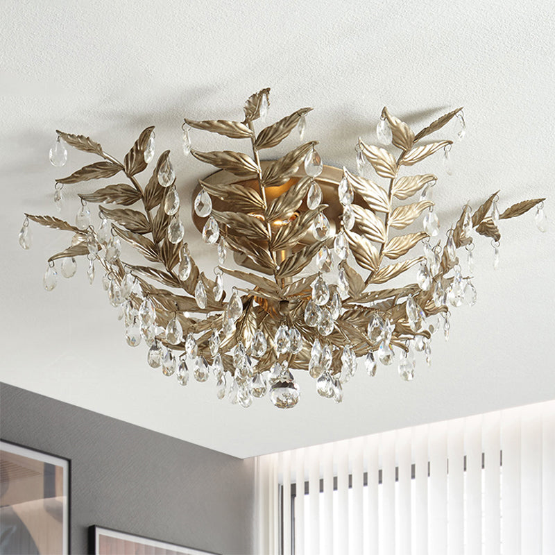 Classic Style Crystal Orb Gold/Black Semi-Flush Mount Leaf Ceiling Light For Bedroom - 10 Heads Gold