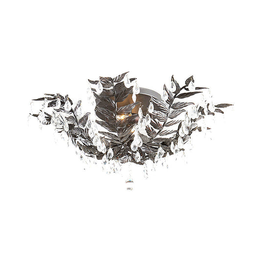 Classic Style Crystal Orb Gold/Black Semi-Flush Mount Leaf Ceiling Light for Bedroom - 10 Heads