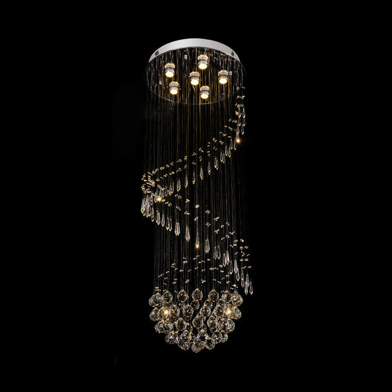 Contemporary Chrome Crystal Flushmount Chandelier - 6 Heads - Coiled Ceiling Mount Light for Hall
