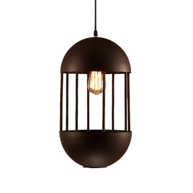 Black Oval Cage Pendant Lamp - Industrial Metal Dining Room Light Kit with 1 Bulb