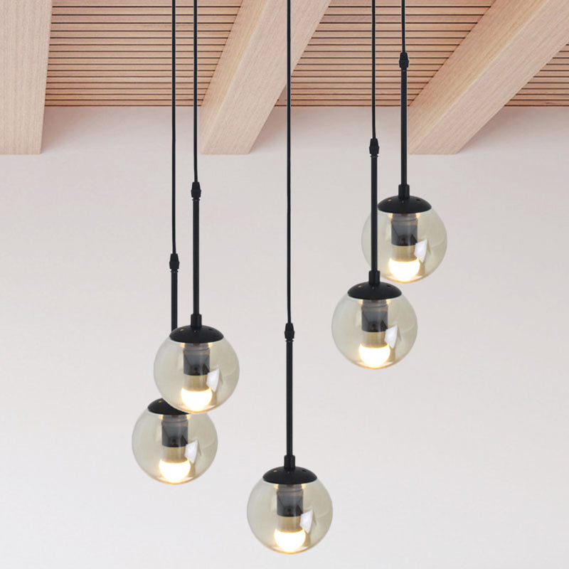 Lampe suspendue minimaliste en verre transparent noir avec globes groupés - Kit de lampe suspendue industrielle (3/5/10 têtes) et auvent linéaire/rond