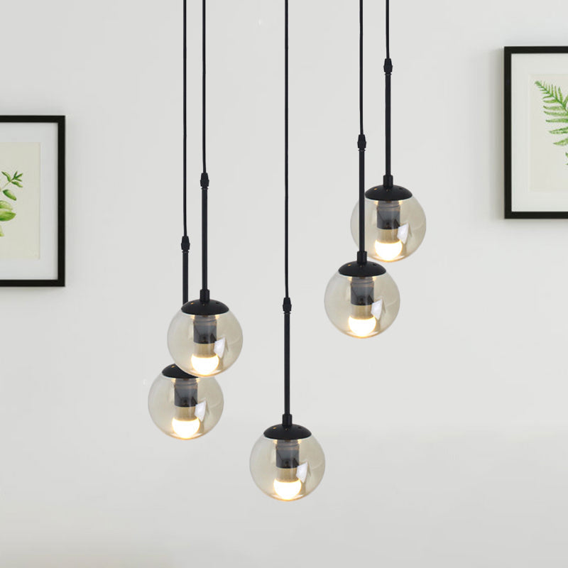 Lampe suspendue minimaliste en verre transparent noir avec globes groupés - Kit de lampe suspendue industrielle (3/5/10 têtes) et auvent linéaire/rond