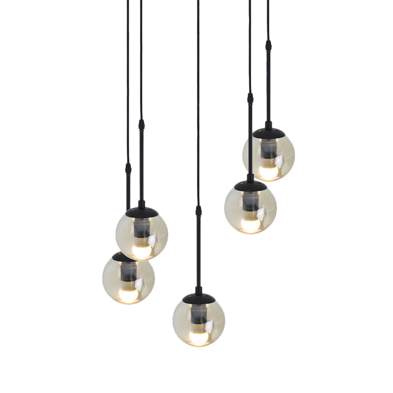 Lampe suspendue minimaliste en verre transparent noir avec globes groupés - Kit de lampe suspendue industrielle (3/5/10 têtes) et auvent linéaire/rond
