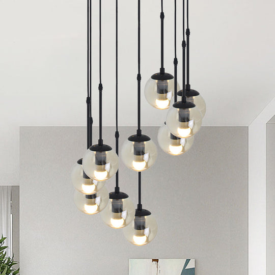 Lampe suspendue minimaliste en verre transparent noir avec globes groupés - Kit de lampe suspendue industrielle (3/5/10 têtes) et auvent linéaire/rond