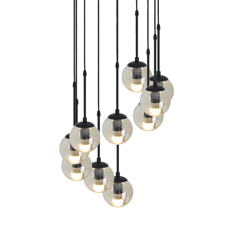 Lampe suspendue minimaliste en verre transparent noir avec globes groupés - Kit de lampe suspendue industrielle (3/5/10 têtes) et auvent linéaire/rond