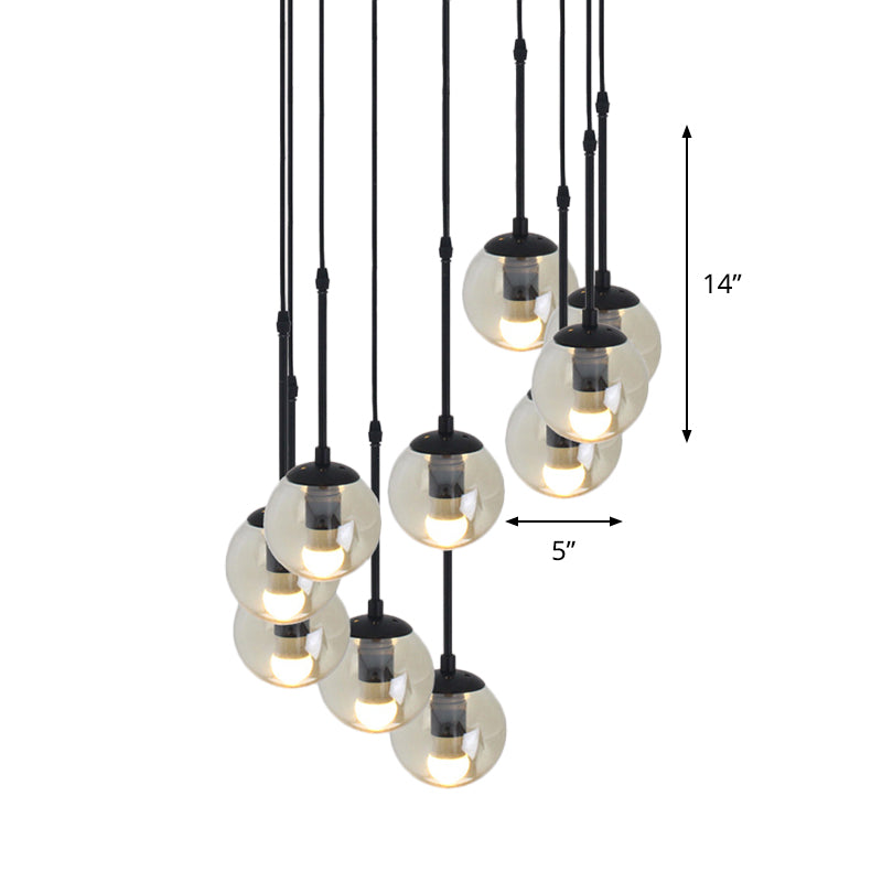 Lampe suspendue minimaliste en verre transparent noir avec globes groupés - Kit de lampe suspendue industrielle (3/5/10 têtes) et auvent linéaire/rond