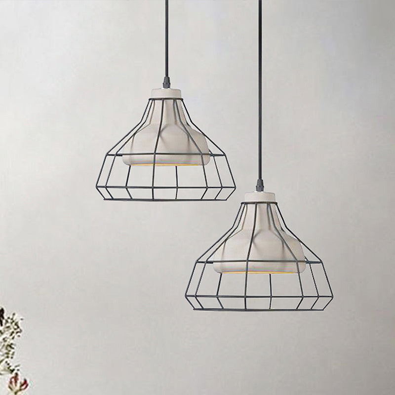 Modernist Cement Cone Hanging Pendant Lamp With Wire-Cage Shade 1-Light Black 10.5/14 Width