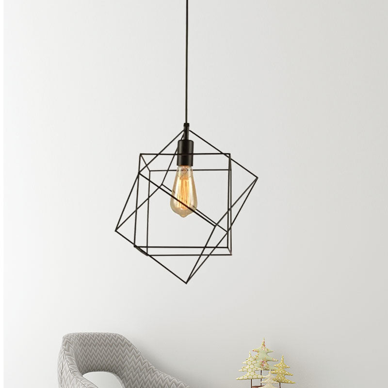 Industrial Black Metal Cubic Pendant Light For Dining Room