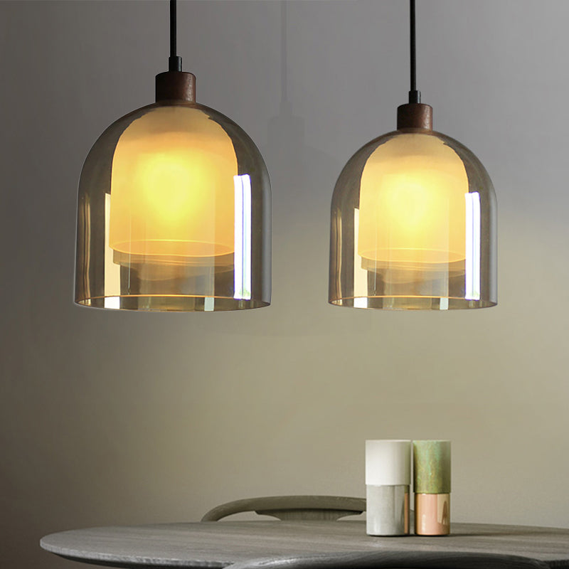 Contemporary Amber Glass Bell Pendant Light with Bronze Ceiling Lamp – Inner Glass Shade