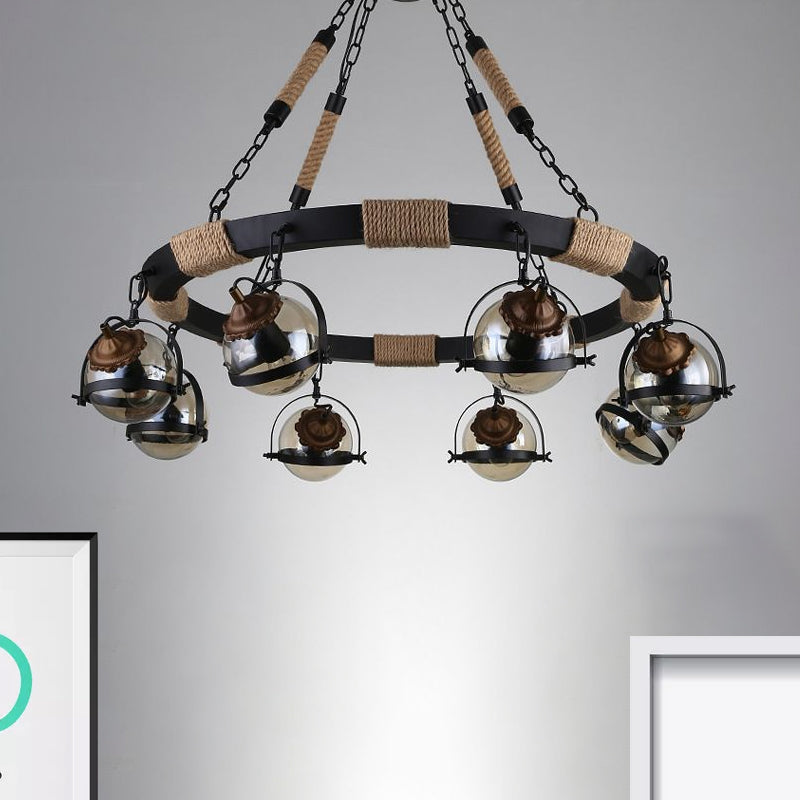 Globe Chandelier Lamp: Farmhouse Style 6/8-Light Rope Hanging Light with Amber Glass Shade - Ideal for Restaurants in Black