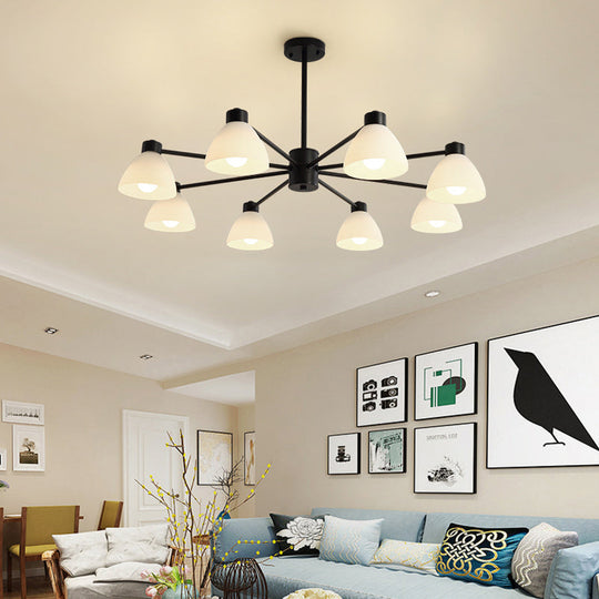 Lustre moderne noir - Suspension de salle à manger à 6/8/12 têtes avec abat-jour en verre blanc en forme de dôme