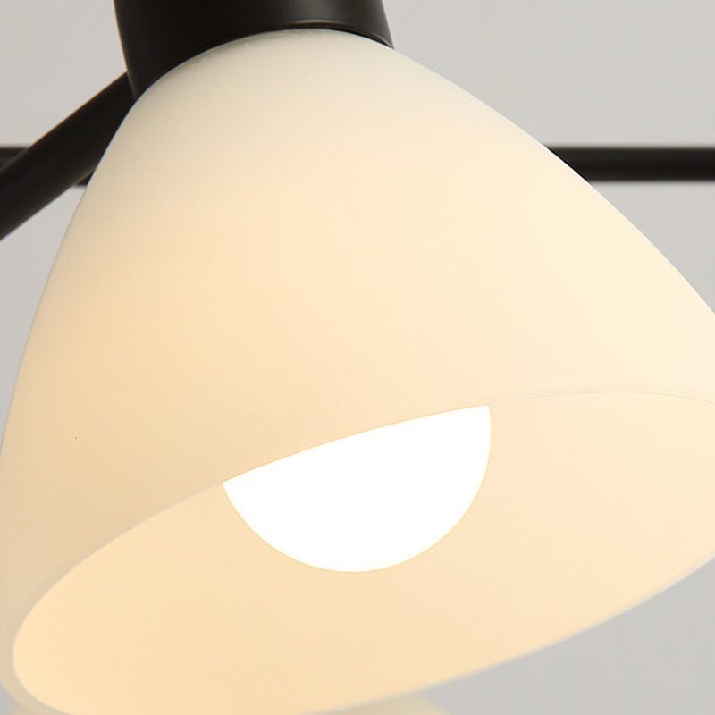 Lustre moderne noir - Suspension de salle à manger à 6/8/12 têtes avec abat-jour en verre blanc en forme de dôme