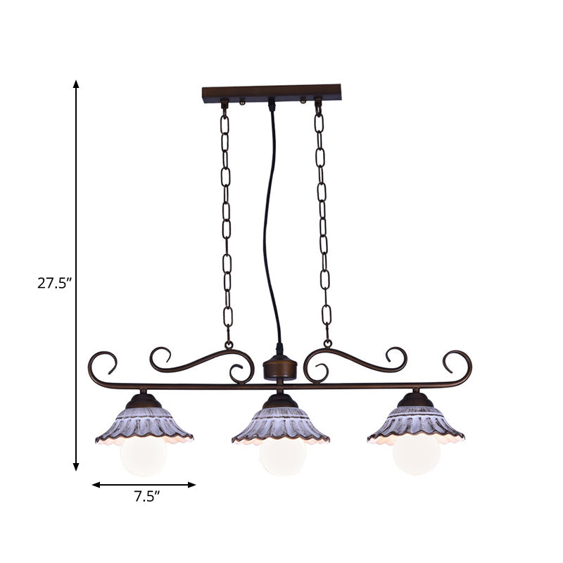 Twisting Island Pendant Lamp: 3-Light Coffee Metal Hanging Light With Scalloped Bell Ceramics Shade