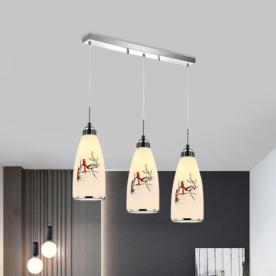Minimalist Oblong White Glass Pendant Light With 3 Hanging Lamps And Round/Linear Canopy