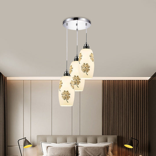 Minimalist White Frosted Glass Bottle Pendant Ceiling Lamp - 3 Lights Clover Pattern Ideal For