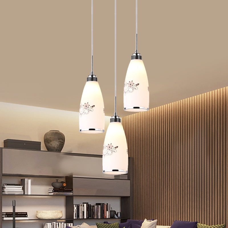 Minimalist 3-Bulb Cone Pendant Lamp With Black/Yellow/Blue Printed Glass And Linear/Round Canopy