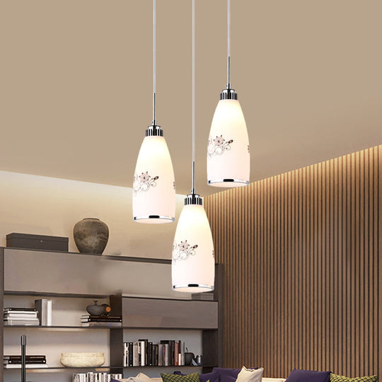 Minimalist 3-Bulb Cone Pendant Lamp With Black/Yellow/Blue Printed Glass And Linear/Round Canopy