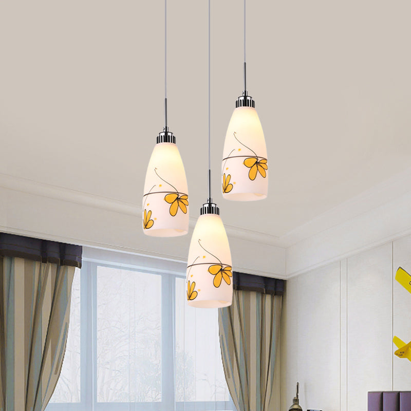 Minimalist 3-Bulb Cone Pendant Lamp With Black/Yellow/Blue Printed Glass And Linear/Round Canopy