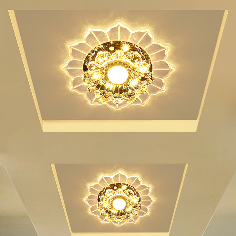 Modern LED Flush Mount Ceiling Light with Clear Crystal Flower Design, Available in Warm/Blue/Pink
