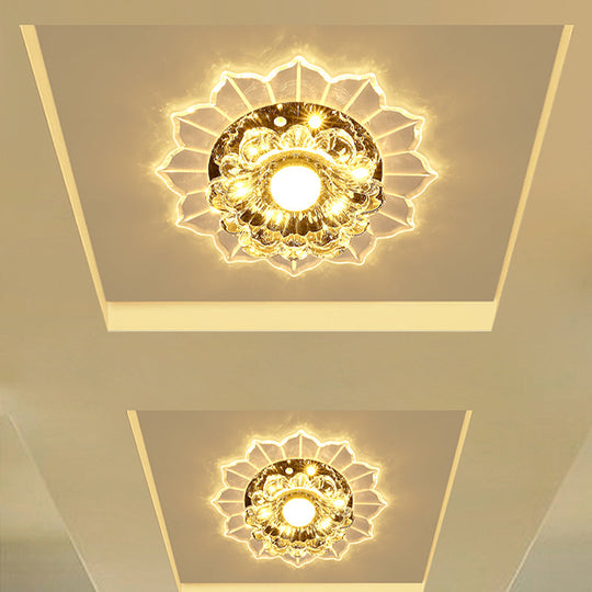 Modern LED Flush Mount Ceiling Light with Clear Crystal Flower Design, Available in Warm/Blue/Pink