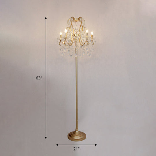 Classic Style Gold Metal Standing Floor Lamp With Crystal Strand - 5 Bulbs Scroll Frame Lighting