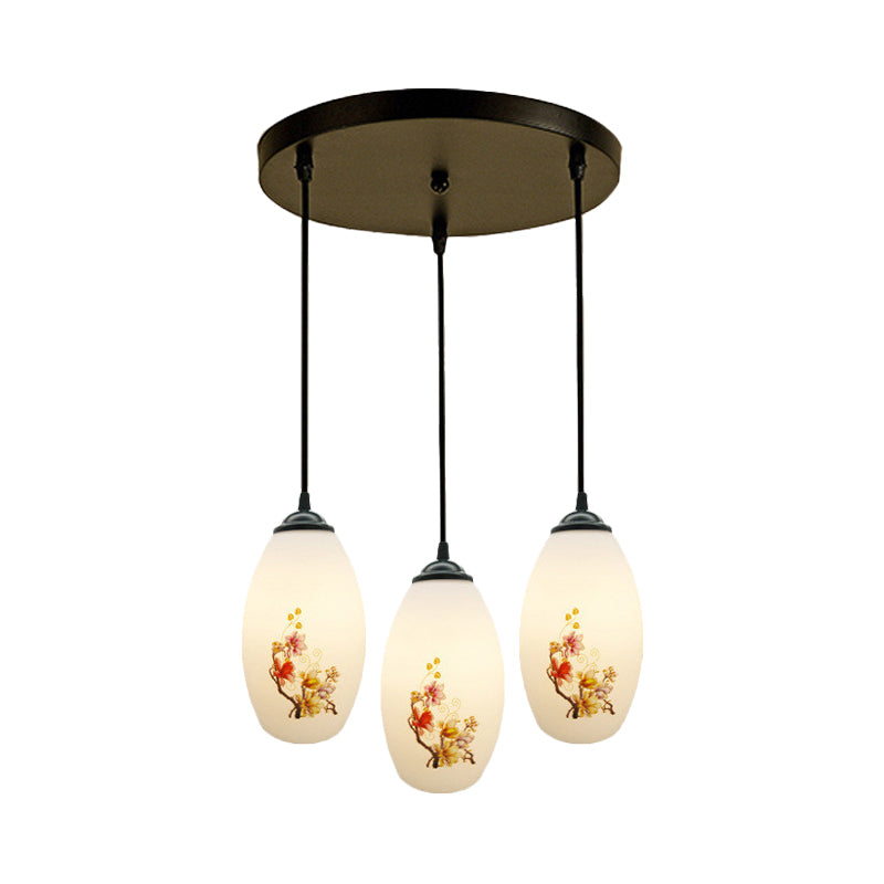 Frosted White Glass Pendant Lamp With Flower Pattern - 3 Bulbs