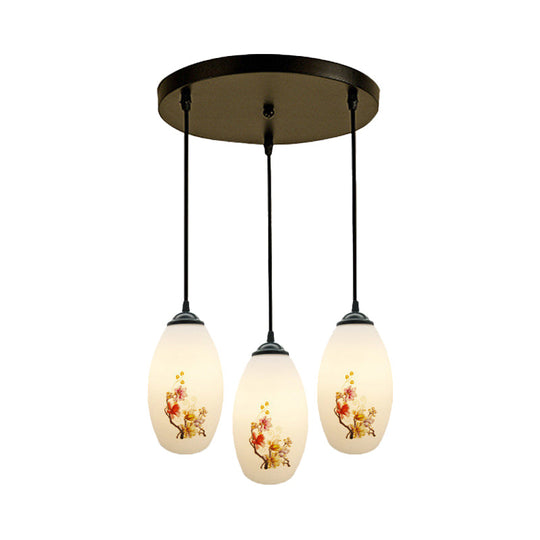 Frosted White Glass Pendant Lamp With Flower Pattern - 3 Bulbs