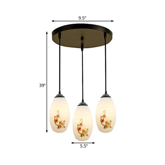 Frosted White Glass Pendant Lamp With Flower Pattern - 3 Bulbs