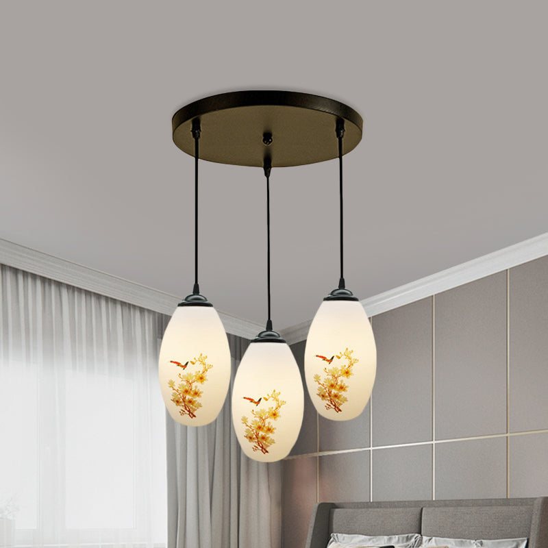 Frosted White Glass Pendant Lamp With Flower Pattern - 3 Bulbs