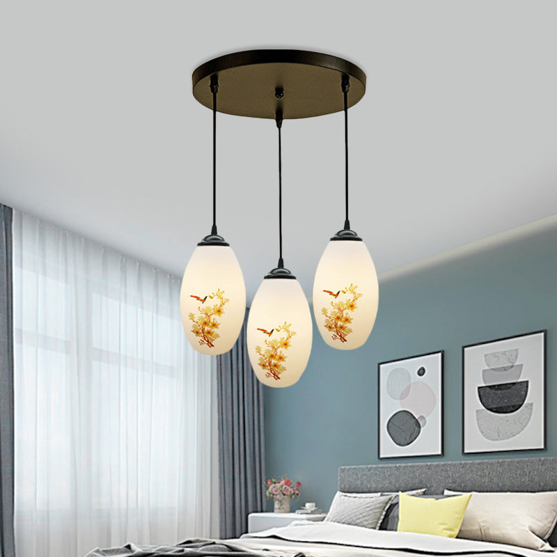 Frosted White Glass Pendant Lamp With Flower Pattern - 3 Bulbs