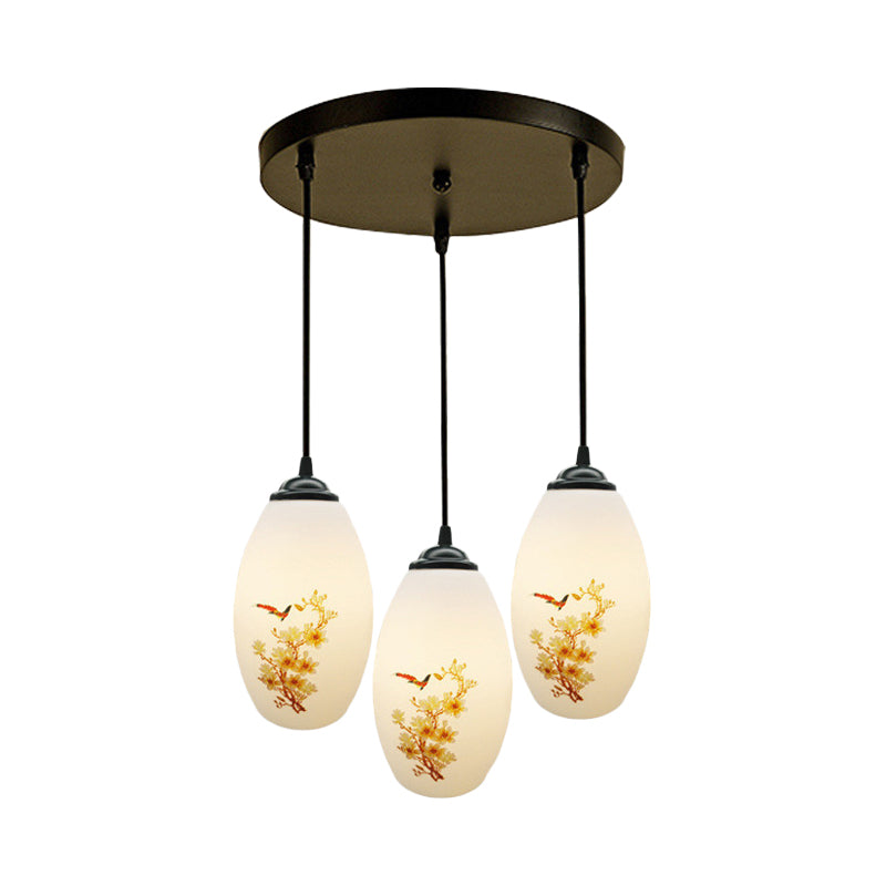 Frosted White Glass Pendant Lamp With Flower Pattern - 3 Bulbs