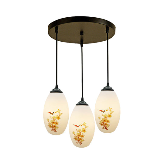 Frosted White Glass Pendant Lamp With Flower Pattern - 3 Bulbs