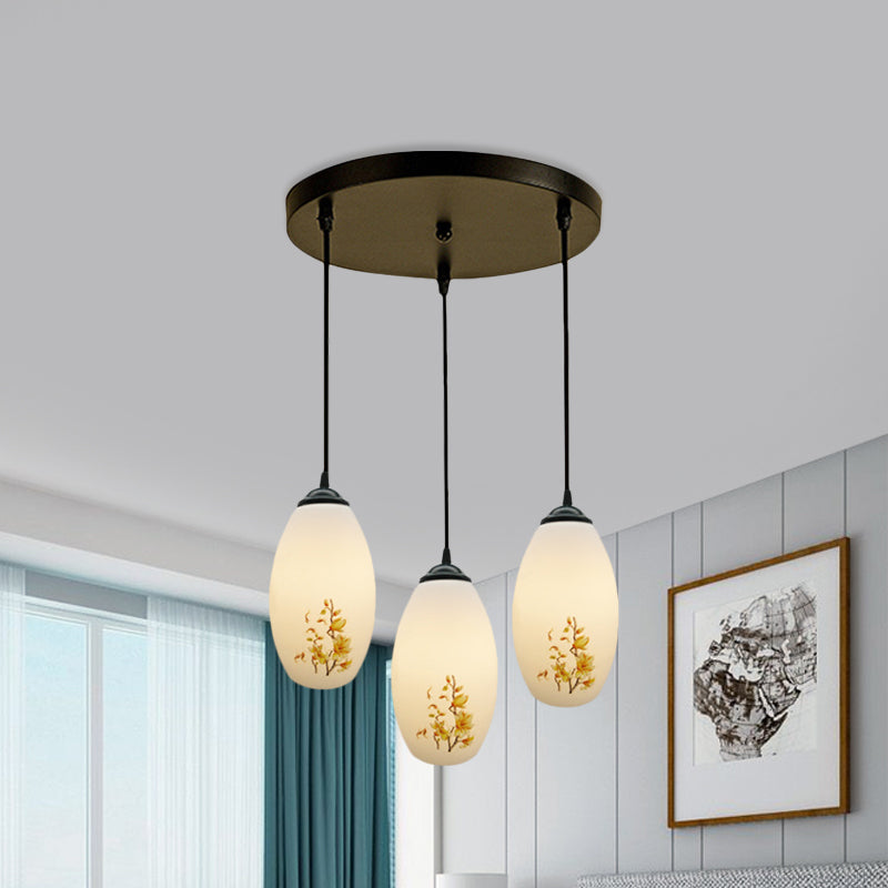 Frosted White Glass Pendant Lamp With Flower Pattern - 3 Bulbs