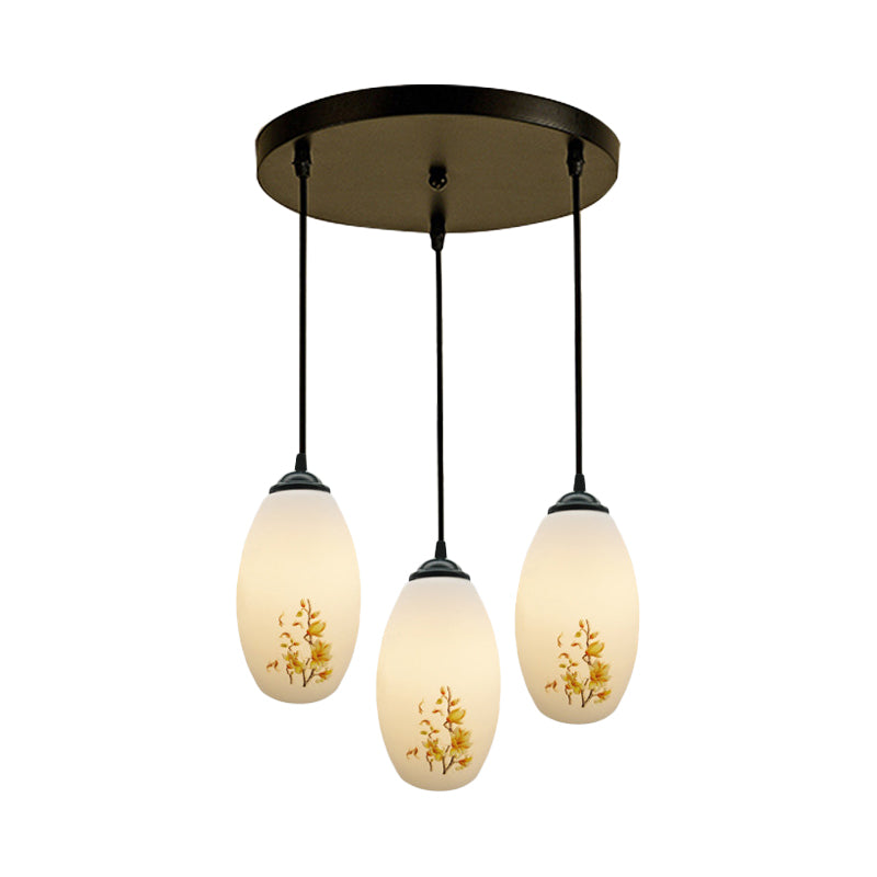 Frosted White Glass Pendant Lamp With Flower Pattern - 3 Bulbs