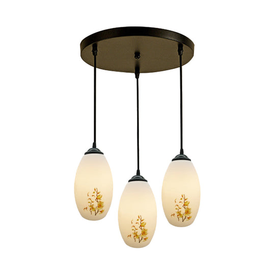 Frosted White Glass Pendant Lamp With Flower Pattern - 3 Bulbs