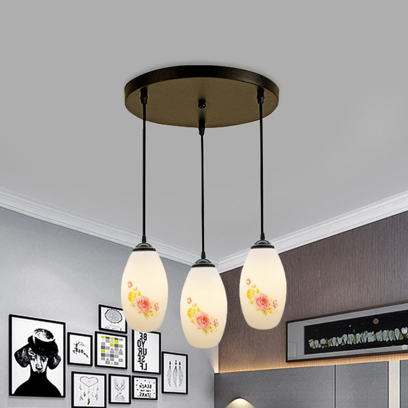 Frosted White Glass Pendant Lamp With Flower Pattern - 3 Bulbs