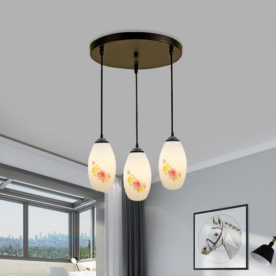 Frosted White Glass Pendant Lamp With Flower Pattern - 3 Bulbs