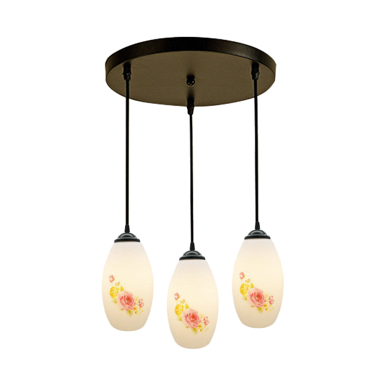 Frosted White Glass Pendant Lamp With Flower Pattern - 3 Bulbs
