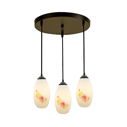 Frosted White Glass Pendant Lamp With Flower Pattern - 3 Bulbs