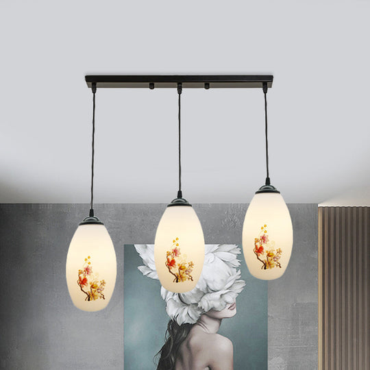 Frosted White Glass Pendant Lamp With Flower Pattern - 3 Bulbs