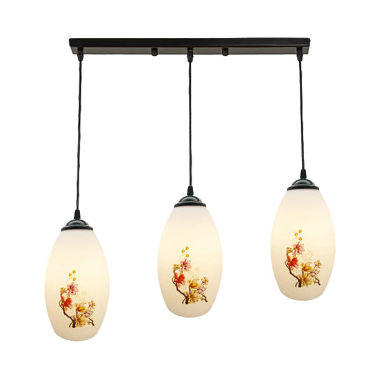 Frosted White Glass Pendant Lamp With Flower Pattern - 3 Bulbs