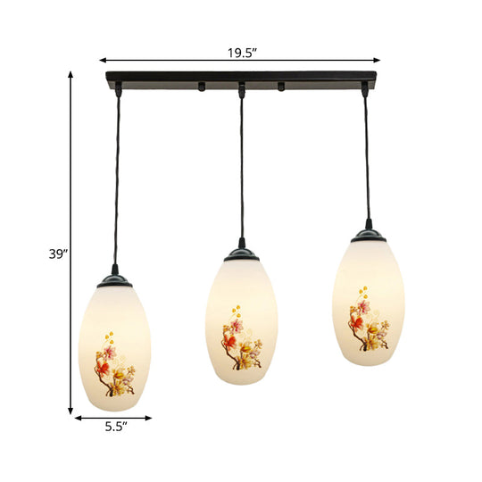 Frosted White Glass Pendant Lamp With Flower Pattern - 3 Bulbs