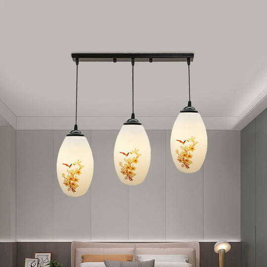 Frosted White Glass Pendant Lamp With Flower Pattern - 3 Bulbs