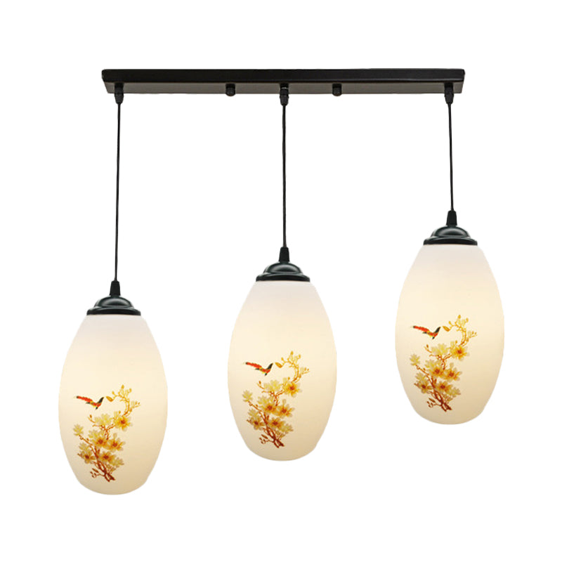 Frosted White Glass Pendant Lamp With Flower Pattern - 3 Bulbs