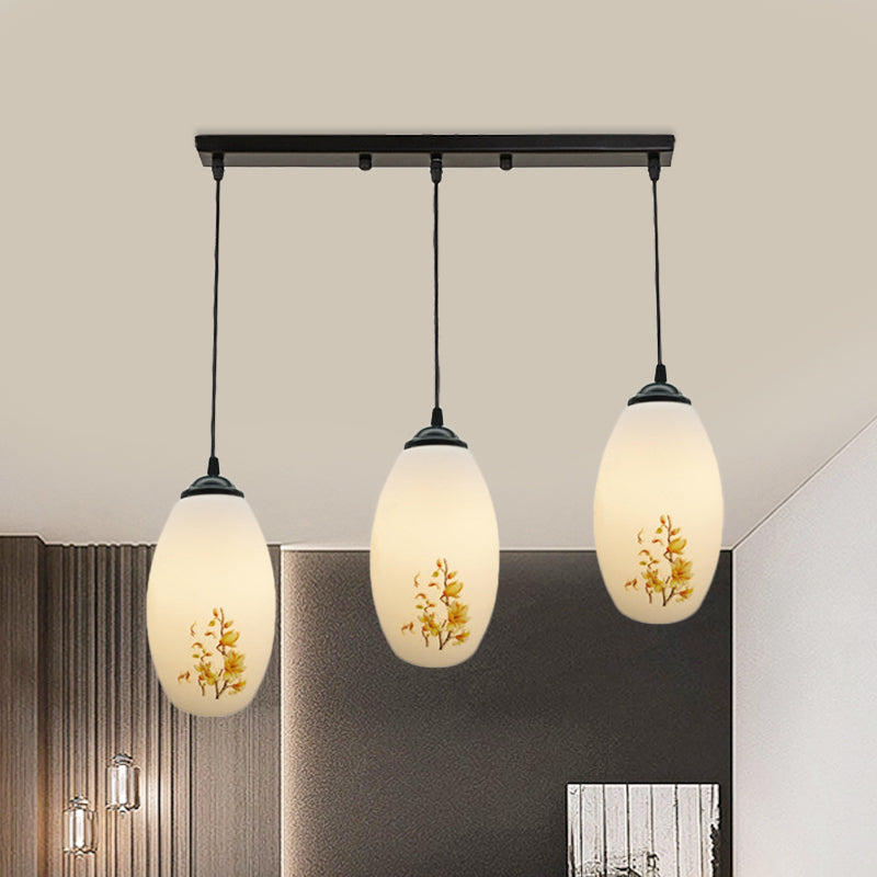Frosted White Glass Pendant Lamp With Flower Pattern - 3 Bulbs