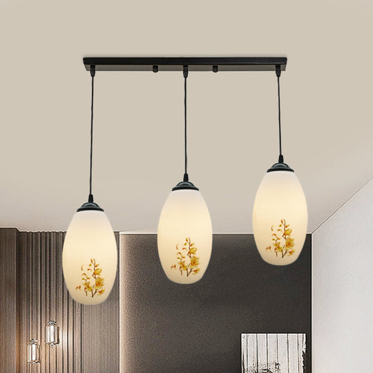 Frosted White Glass Pendant Lamp With Flower Pattern - 3 Bulbs