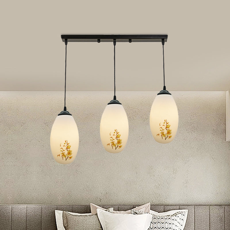 Frosted White Glass Pendant Lamp With Flower Pattern - 3 Bulbs
