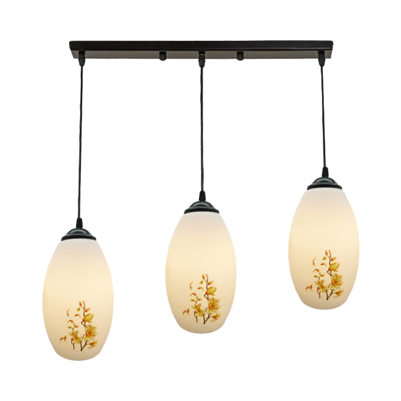 Frosted White Glass Pendant Lamp With Flower Pattern - 3 Bulbs