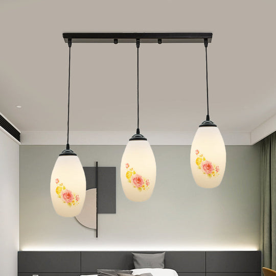 Frosted White Glass Pendant Lamp With Flower Pattern - 3 Bulbs