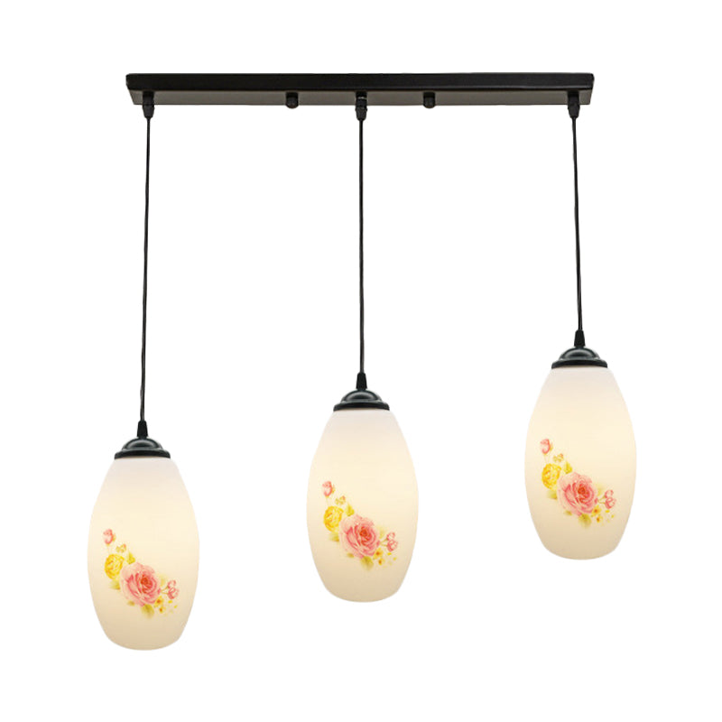 Frosted White Glass Pendant Lamp With Flower Pattern - 3 Bulbs